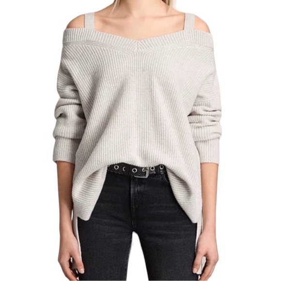 All Saints Dasha V Neck Cold Shoulder Cashmere Wool Blend Sweater Off White XS - Picture 3 of 8